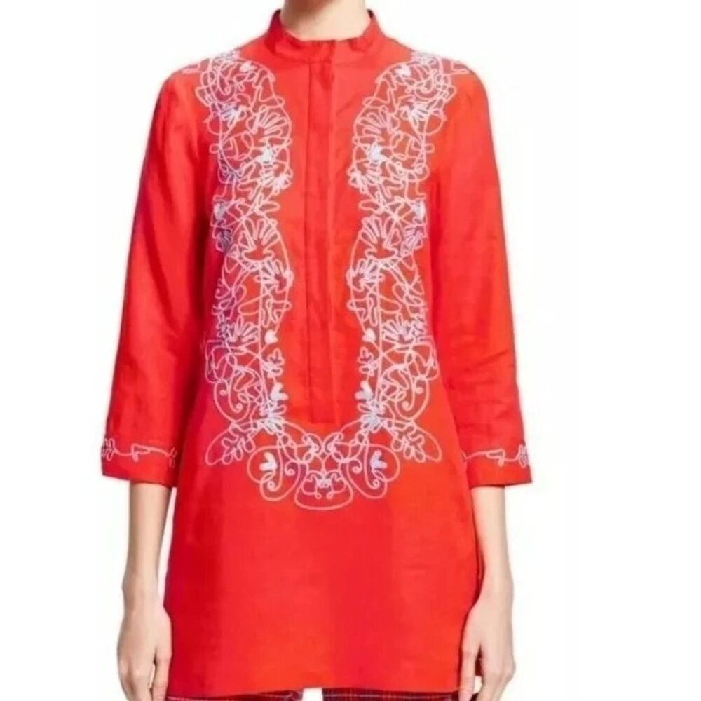 Brooks Brothers Red 100% Linen Embroidered Tunic Top Dress Boho Pockets Size 2